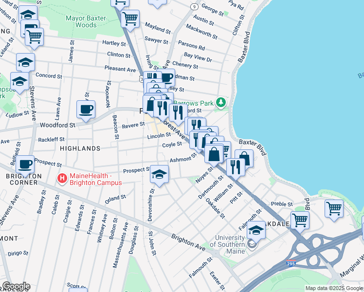 map of restaurants, bars, coffee shops, grocery stores, and more near 41 Ashmont Street in Portland