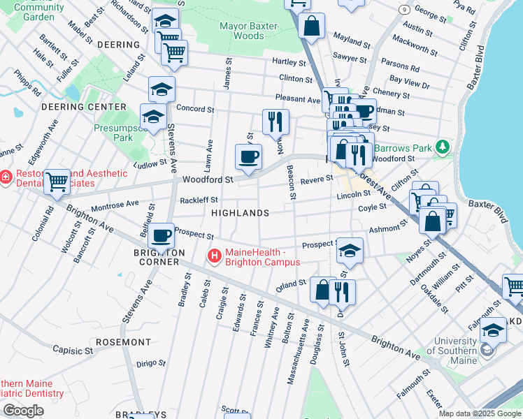 map of restaurants, bars, coffee shops, grocery stores, and more near 80 Highland Street in Portland