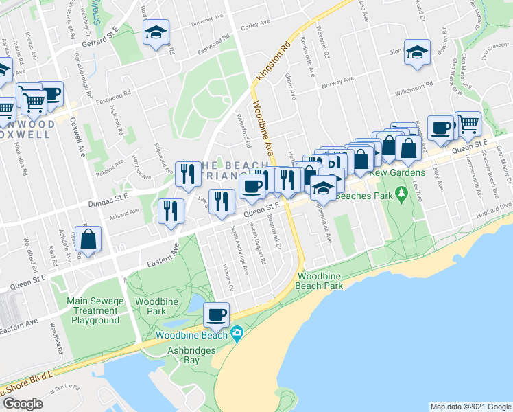 map of restaurants, bars, coffee shops, grocery stores, and more near in Toronto