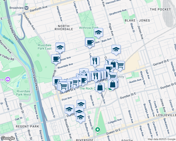 map of restaurants, bars, coffee shops, grocery stores, and more near in Toronto