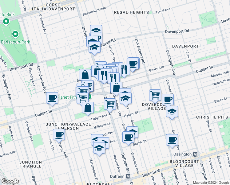 map of restaurants, bars, coffee shops, grocery stores, and more near in Toronto