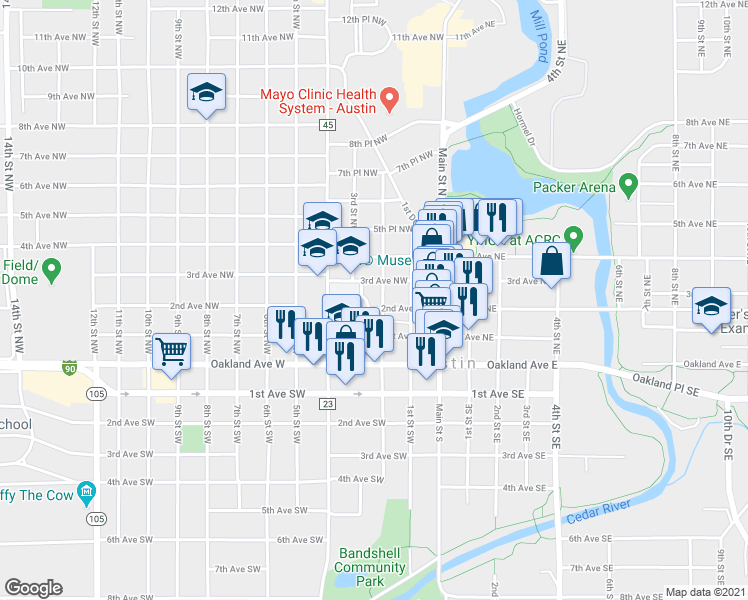 map of restaurants, bars, coffee shops, grocery stores, and more near 209 2nd Street Northwest in Austin