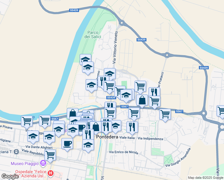 map of restaurants, bars, coffee shops, grocery stores, and more near 178 Via Vittorio Veneto in Pontedera