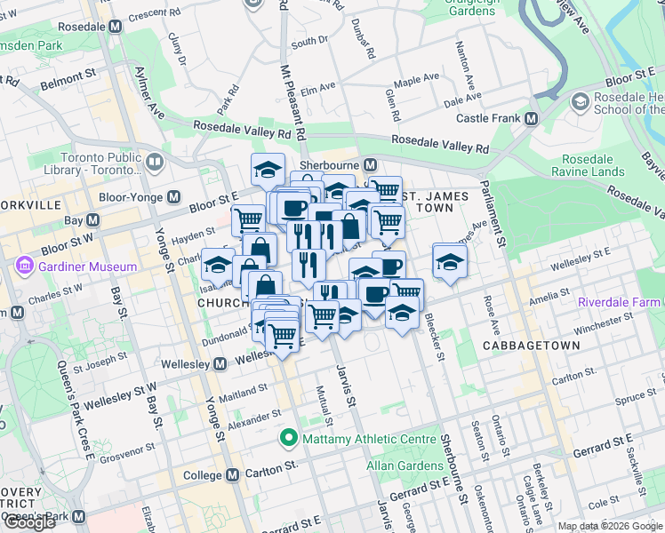 map of restaurants, bars, coffee shops, grocery stores, and more near 10 Huntley Street in Toronto