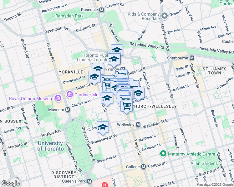 map of restaurants, bars, coffee shops, grocery stores, and more near 101 Charles Street West in Toronto