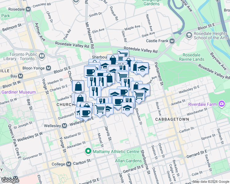 map of restaurants, bars, coffee shops, grocery stores, and more near 28 Earl Street in Toronto