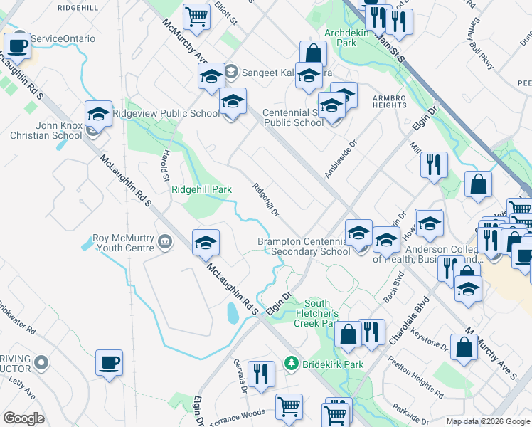 map of restaurants, bars, coffee shops, grocery stores, and more near 11 Ridgehill Drive in Brampton
