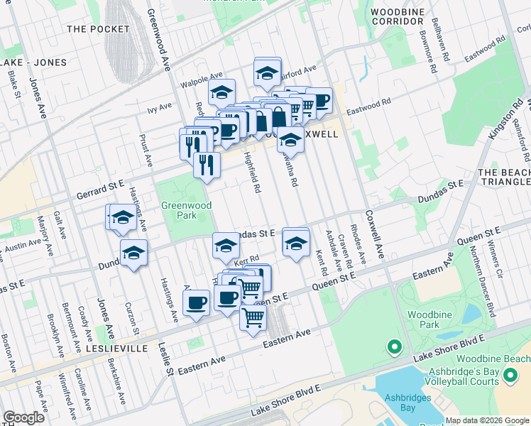 map of restaurants, bars, coffee shops, grocery stores, and more near 57 Highfield Road in Toronto