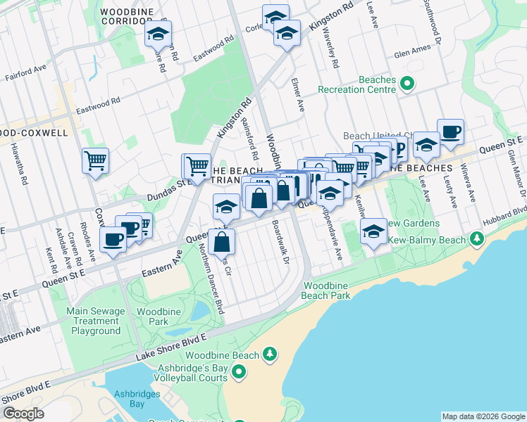 map of restaurants, bars, coffee shops, grocery stores, and more near 1854 Queen Street East in Toronto