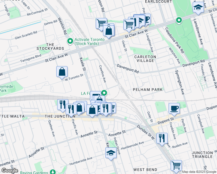 map of restaurants, bars, coffee shops, grocery stores, and more near 25 Junction Road in Toronto