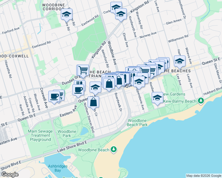 map of restaurants, bars, coffee shops, grocery stores, and more near 1854 Queen Street East in Toronto