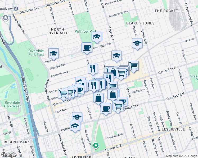 map of restaurants, bars, coffee shops, grocery stores, and more near 207 Victor Avenue in Toronto