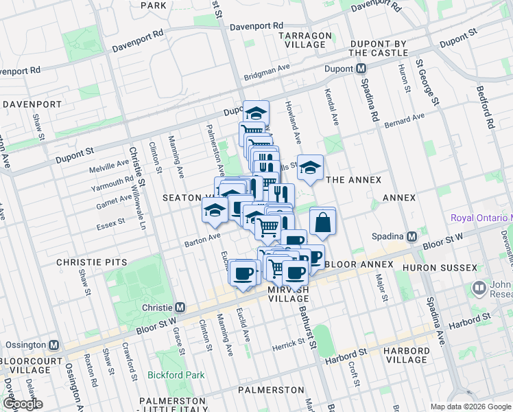 map of restaurants, bars, coffee shops, grocery stores, and more near 761 Markham Street in Toronto