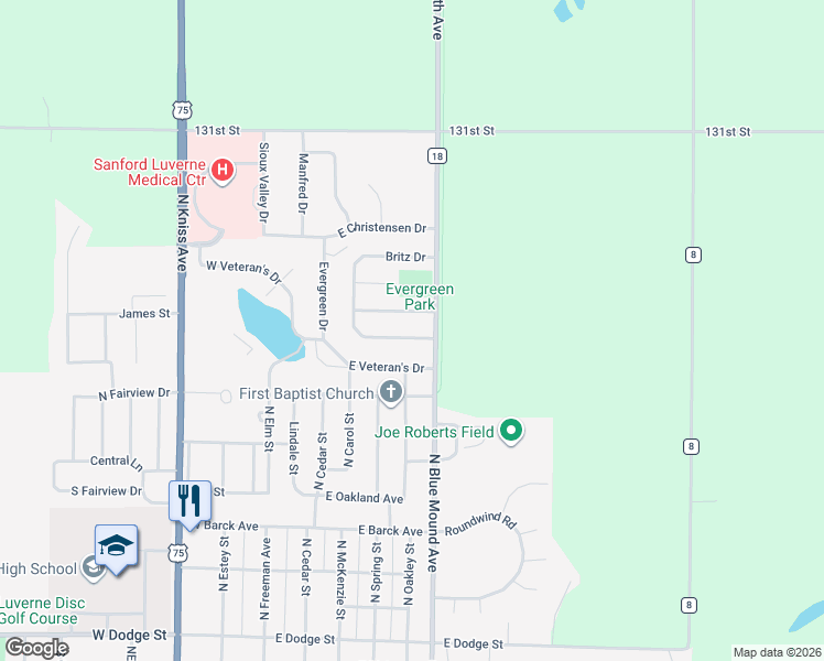 map of restaurants, bars, coffee shops, grocery stores, and more near 501 East Veteran's Drive in Luverne
