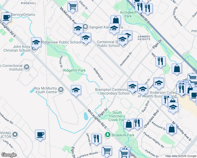 map of restaurants, bars, coffee shops, grocery stores, and more near 17 Ridgehill Drive in Brampton