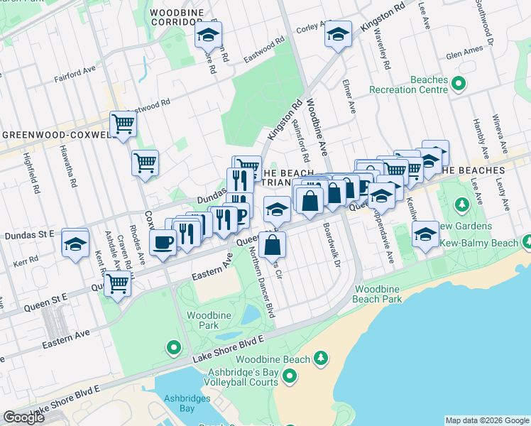 map of restaurants, bars, coffee shops, grocery stores, and more near 19 Lark Street in Toronto