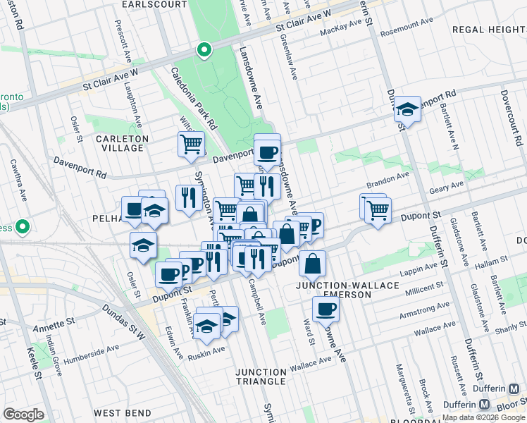 map of restaurants, bars, coffee shops, grocery stores, and more near 10 Foundry Avenue in Toronto
