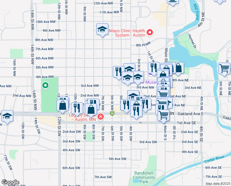 map of restaurants, bars, coffee shops, grocery stores, and more near 606 2nd Avenue Northwest in Austin