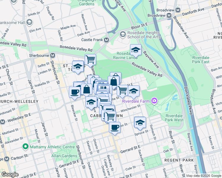 map of restaurants, bars, coffee shops, grocery stores, and more near 328 Wellesley Street East in Toronto