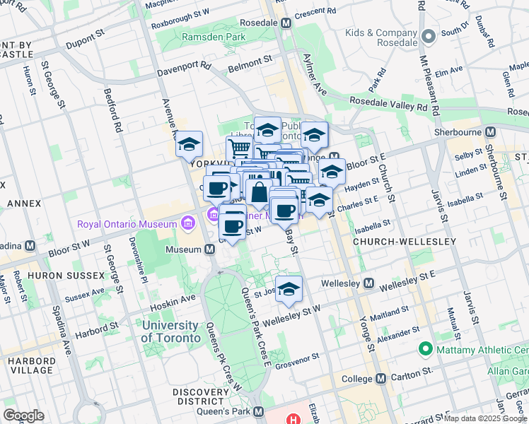 map of restaurants, bars, coffee shops, grocery stores, and more near 1 Sultan Street in Toronto