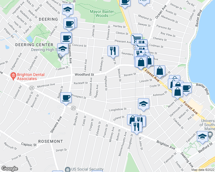 map of restaurants, bars, coffee shops, grocery stores, and more near 103 Highland Street in Portland
