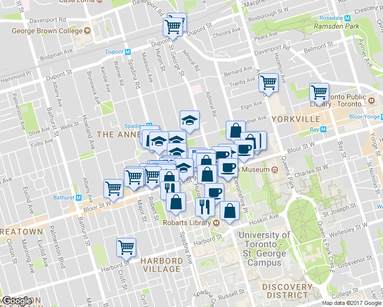 map of restaurants, bars, coffee shops, grocery stores, and more near 94 Prince Arthur Avenue in Toronto