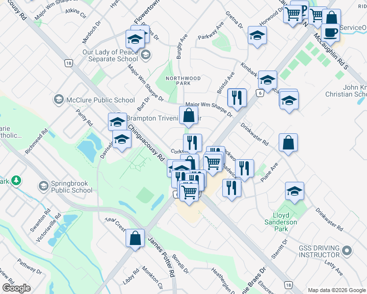 map of restaurants, bars, coffee shops, grocery stores, and more near 33 Corkett Drive in Brampton