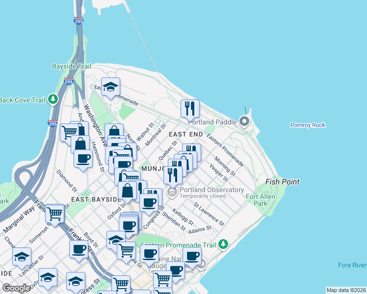 map of restaurants, bars, coffee shops, grocery stores, and more near 40 Emerson Street in Portland
