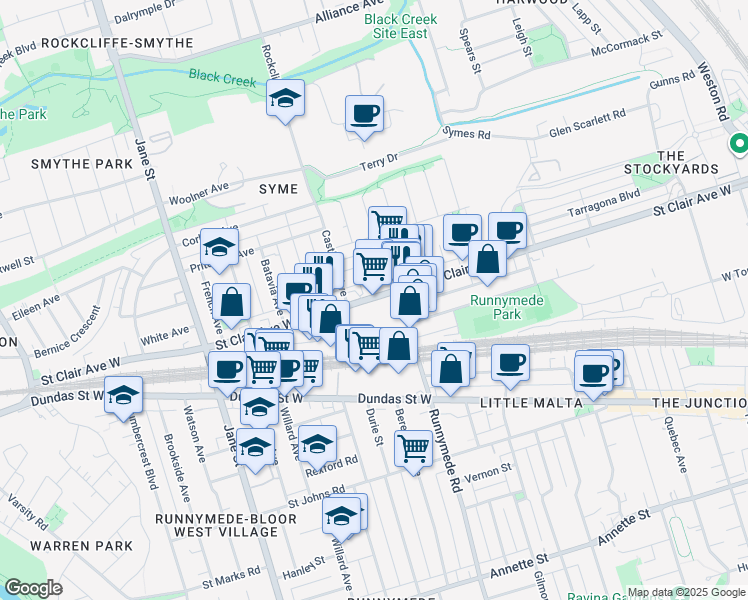 map of restaurants, bars, coffee shops, grocery stores, and more near 2525 St Clair Avenue West in Toronto