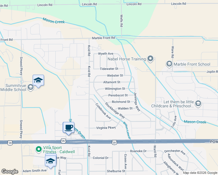 map of restaurants, bars, coffee shops, grocery stores, and more near 11818 Penobscot Street in Caldwell