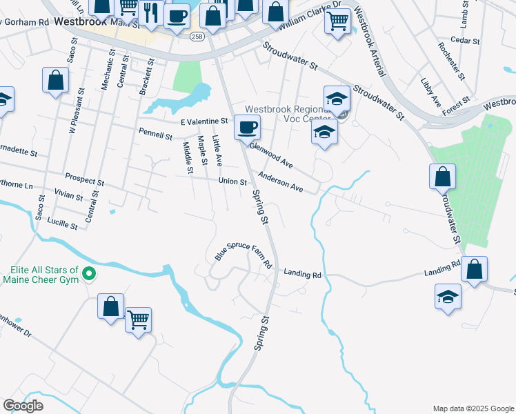 map of restaurants, bars, coffee shops, grocery stores, and more near 247 Spring Street in Westbrook