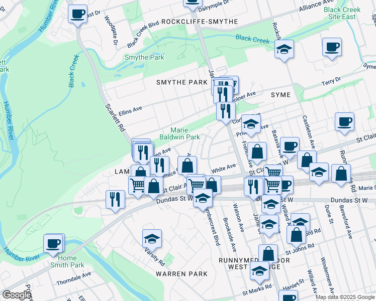 map of restaurants, bars, coffee shops, grocery stores, and more near 16 Bernice Crescent in Toronto