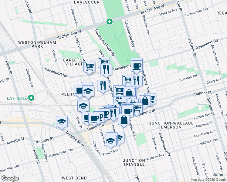 map of restaurants, bars, coffee shops, grocery stores, and more near 415 Symington Avenue in Toronto