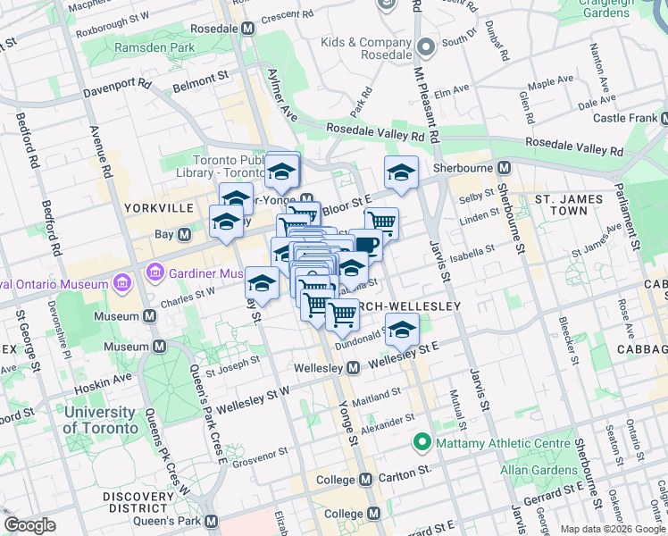 map of restaurants, bars, coffee shops, grocery stores, and more near 33 Charles Street West in Toronto
