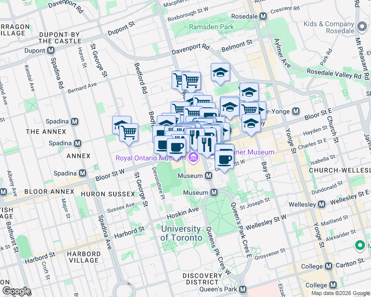 map of restaurants, bars, coffee shops, grocery stores, and more near 200 Bloor Street West in Toronto