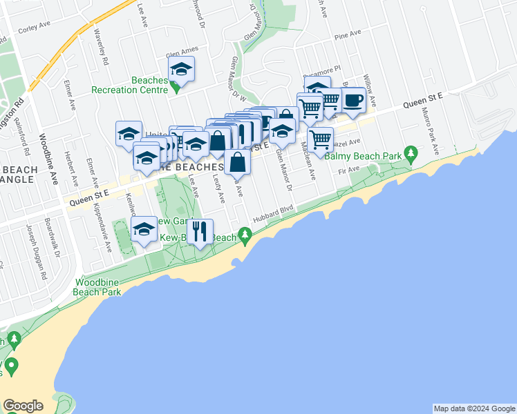 map of restaurants, bars, coffee shops, grocery stores, and more near 24 Hammersmith Avenue in Toronto