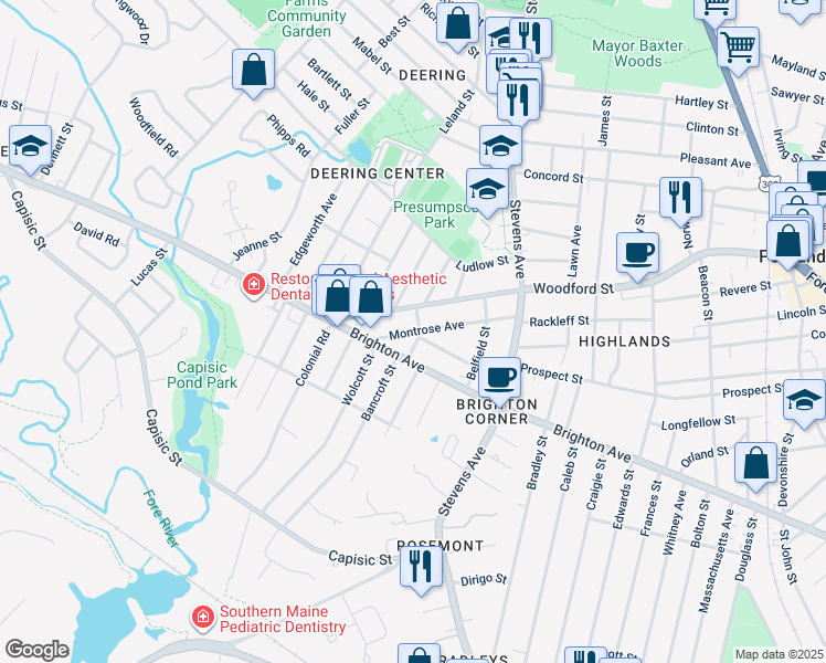 map of restaurants, bars, coffee shops, grocery stores, and more near 3 Fellows Street in Portland