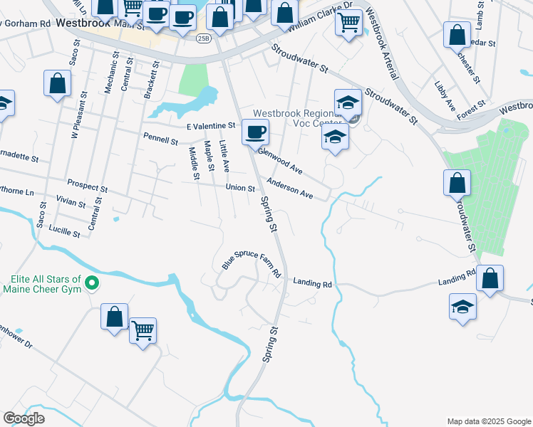 map of restaurants, bars, coffee shops, grocery stores, and more near 247 Spring Street in Westbrook