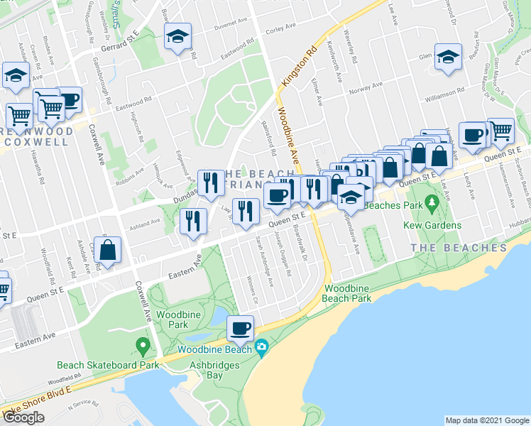map of restaurants, bars, coffee shops, grocery stores, and more near in Toronto