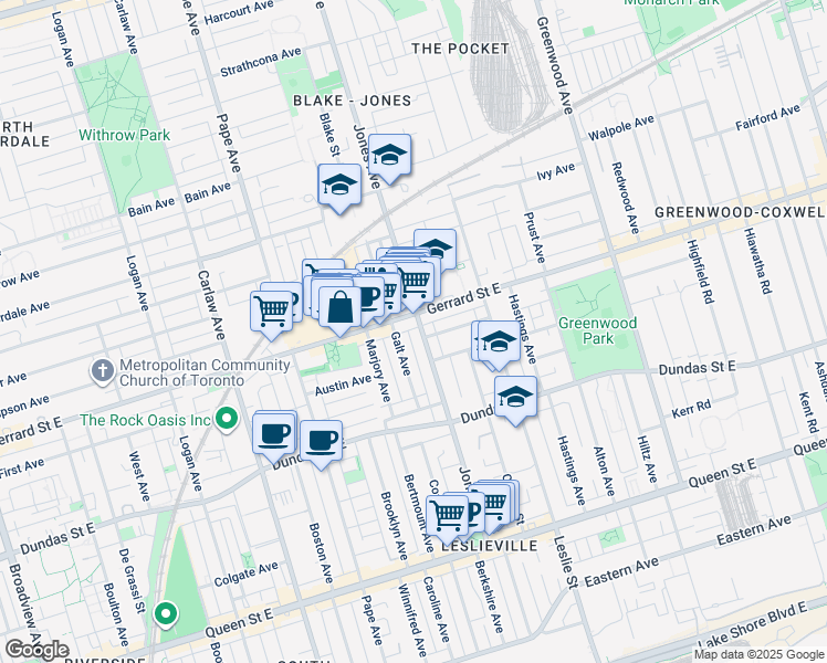 map of restaurants, bars, coffee shops, grocery stores, and more near in Toronto