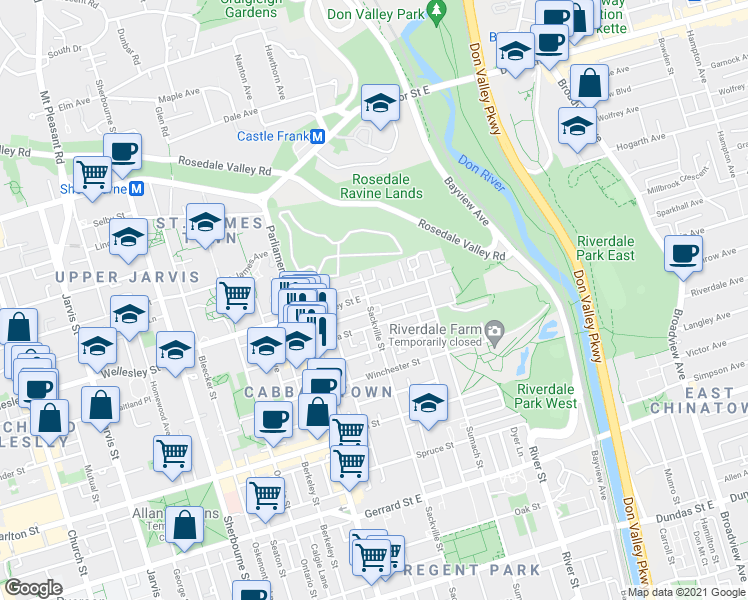map of restaurants, bars, coffee shops, grocery stores, and more near in Toronto