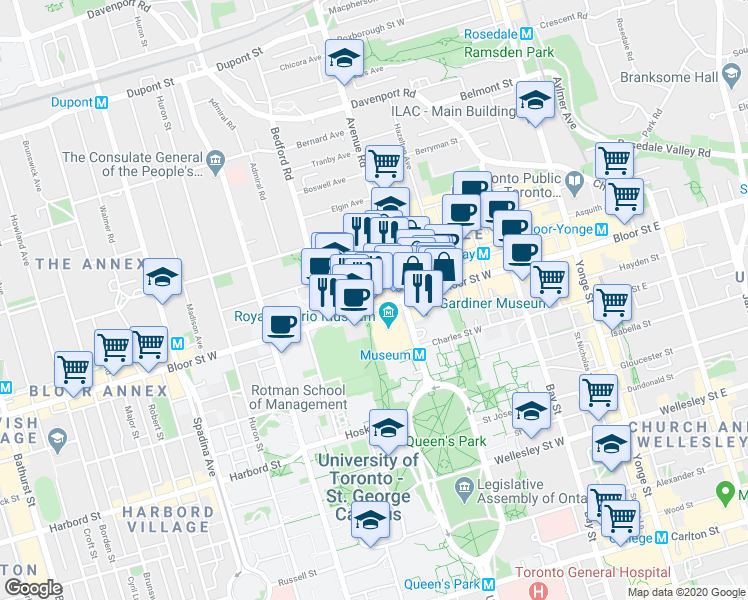 map of restaurants, bars, coffee shops, grocery stores, and more near in Toronto