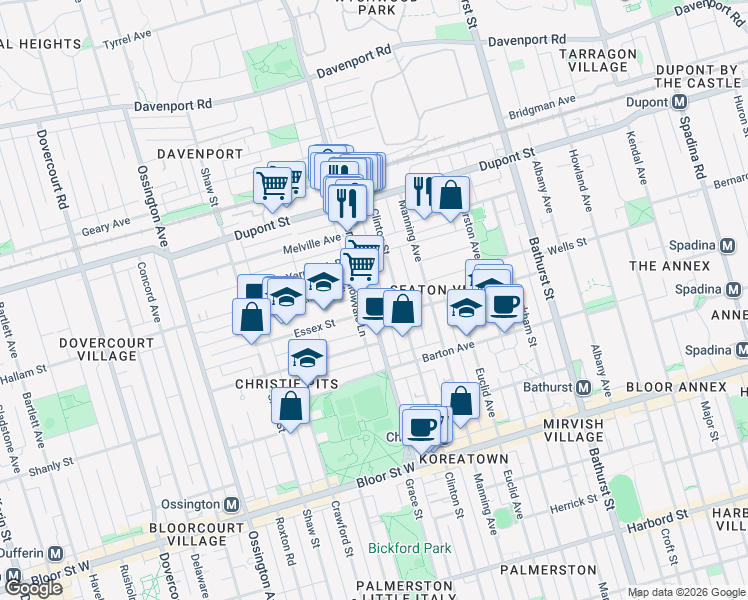 map of restaurants, bars, coffee shops, grocery stores, and more near in Toronto