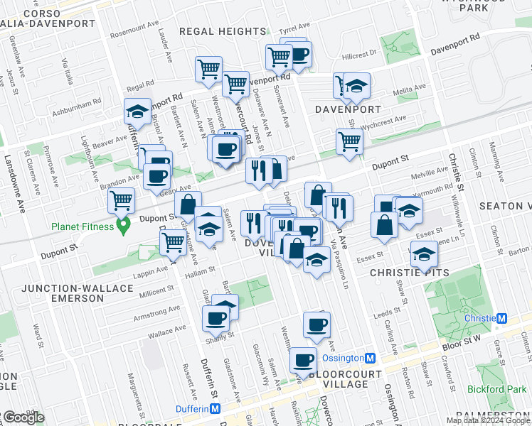 map of restaurants, bars, coffee shops, grocery stores, and more near in Toronto
