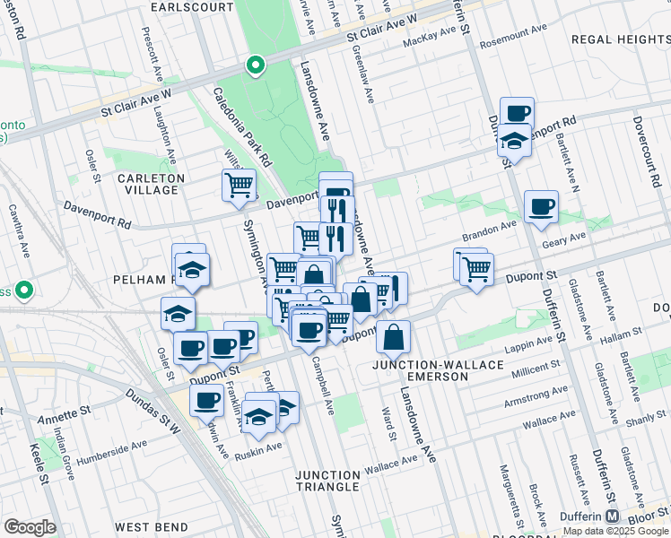 map of restaurants, bars, coffee shops, grocery stores, and more near in Toronto