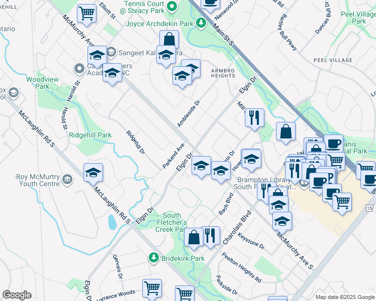 map of restaurants, bars, coffee shops, grocery stores, and more near 247 McMurchy Avenue South in Brampton