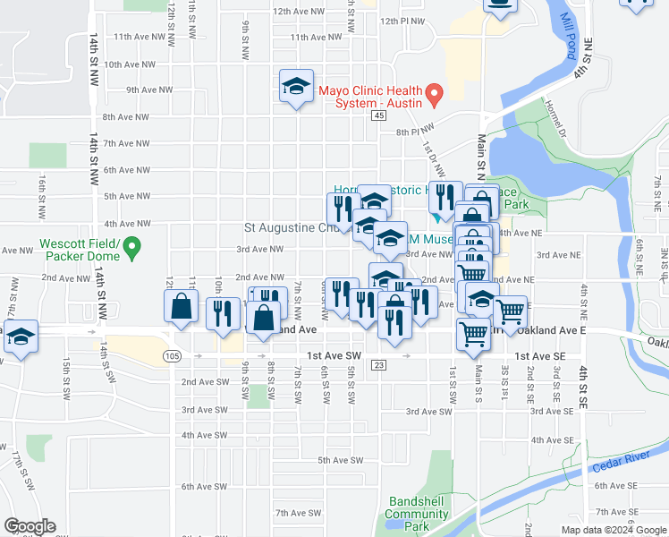 map of restaurants, bars, coffee shops, grocery stores, and more near 204 6th Street Northwest in Austin