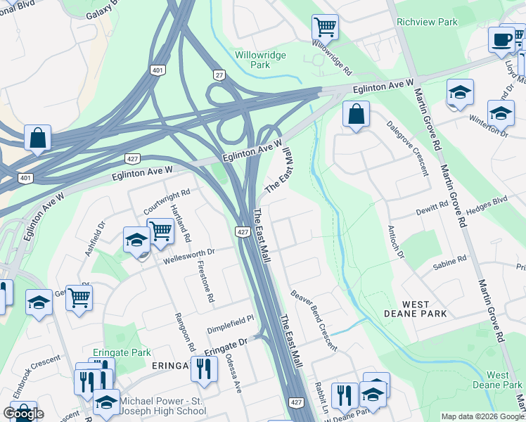 map of restaurants, bars, coffee shops, grocery stores, and more near in Toronto
