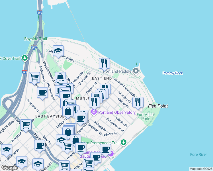 map of restaurants, bars, coffee shops, grocery stores, and more near 30 Turner Street in Portland