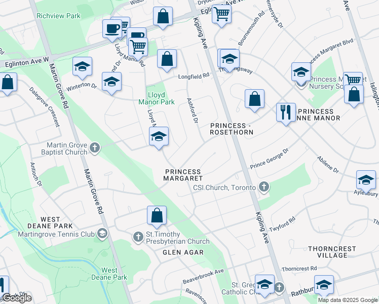 map of restaurants, bars, coffee shops, grocery stores, and more near 112 Princess Margaret Boulevard in Toronto